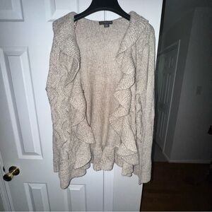 Covington Open Front Ruffle Cardigan Sweater Oatmeal Tan Beige Knit XL Preowned